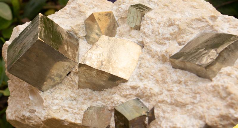 BU: Natürliche Pyrite, auch Katzengold genannt, in ihrer typischen kubischen Kristallform.