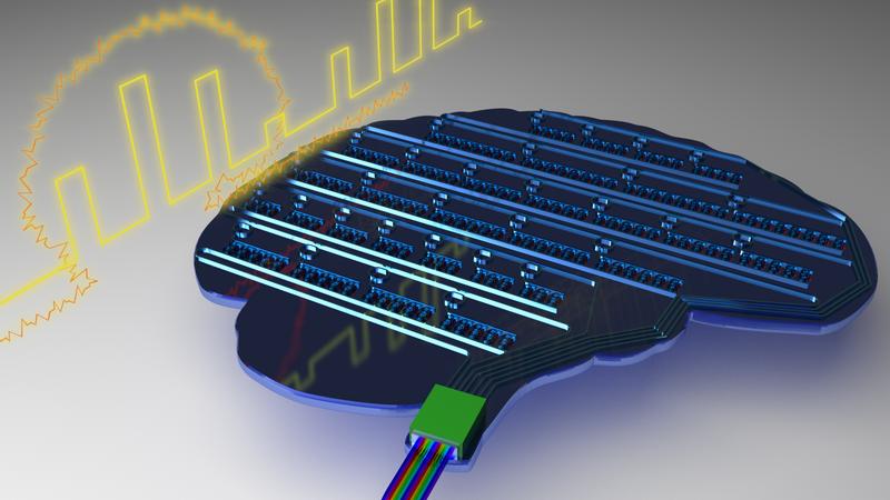 Schematic illustration of a light-based, brain-inspired chip. The chip contains an artificial network of neurons and synapses that works with light.