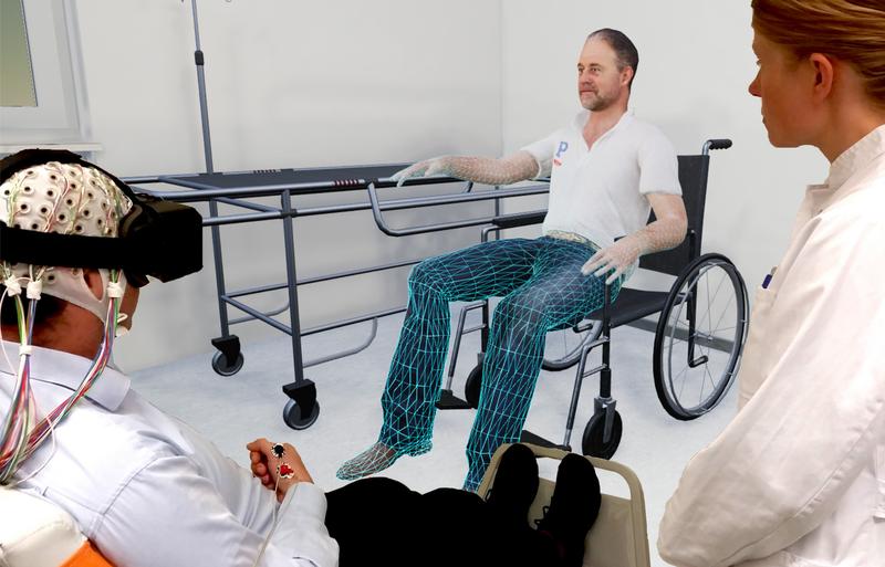 Ein Patient erlebt in virtueller Realität Bewegung der durch Schlaganfall betroffenen Extremität.
