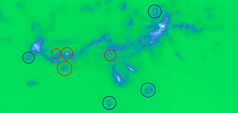 Die Abbildung zeigt einen kleinen Ausschnitt der Illustris-Simulation: Gezeiten-Zwerggalaxien (rot) enthalten im Gegensatz zu primordialen Zwerggalaxien (blau) keine Dunkle Materie. 