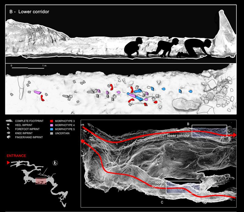 Reconstruction of the path followed in exploring the cave. Section and the planimetry of a part of the “Corridoio delle Impronte” with three ofthe protagonists (Isabella Salvador and Marco Avanzini)