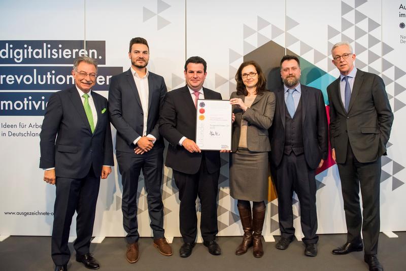 Prof. Dieter Kempf (BDI), Tim Kappel (AWSi), Hubertus Heil (Bundesminister für Arbeit und Soziales), Dr. Elsa Kirchner (DFKI), Dr. Marco Rotonda (eemagine GmbH), Karl von Rohr (Deutsche Bank) 