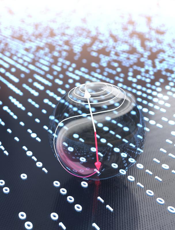 Using ultrashort pulses of light enables extremely economical switching of spins within a few picoseconds from one stable orientation (red arrow) to another (white arrow).