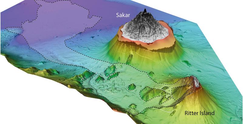 3D-Visualisierung von Ritter Island und des umgebenden Meeresbodens mit den Spuren der Hangrutschung von 1888. 