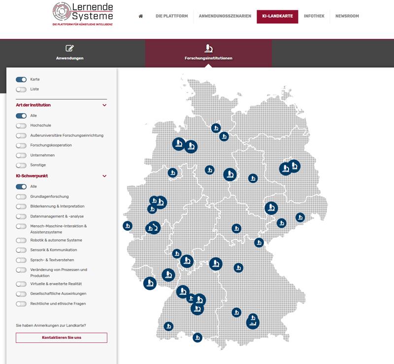 Die interaktive Landkarte der Plattform Lernende Systeme zeigt, an welchen Institutionen in Deutschland zu KI geforscht wird.