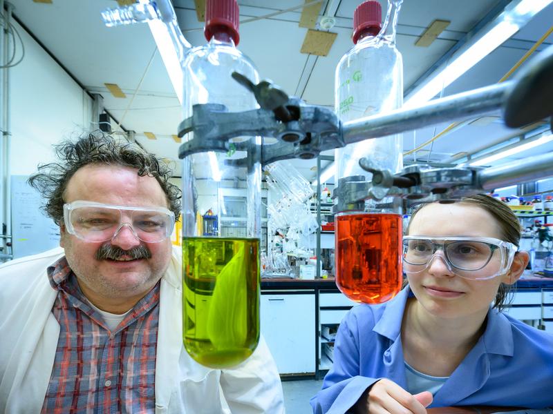 Prof. Dr. Andreas Gansäuer und Anastasia Panfilova bei der Epoxidhydrierung im Kekulé-Institut für Organische Chemie und Biochemie der Universität Bonn. 