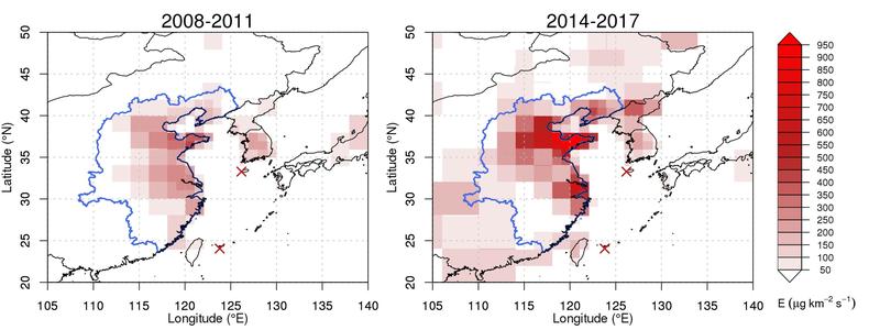 Regional CFC-11 emissions in North-East Asia for the periods 2008-2011 and 2014-2017 as estimated from observations at Gosan and Hateruma (red crosses).