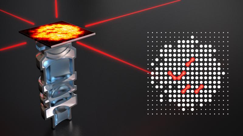 Das Bild zeigt eine künstlerische Interpretation des im Experiment verwendeten hoch-auflösenden Objektivs, welches benutzt wird um eine einzelne atomare Lage im optischen Gitter abzubilden.