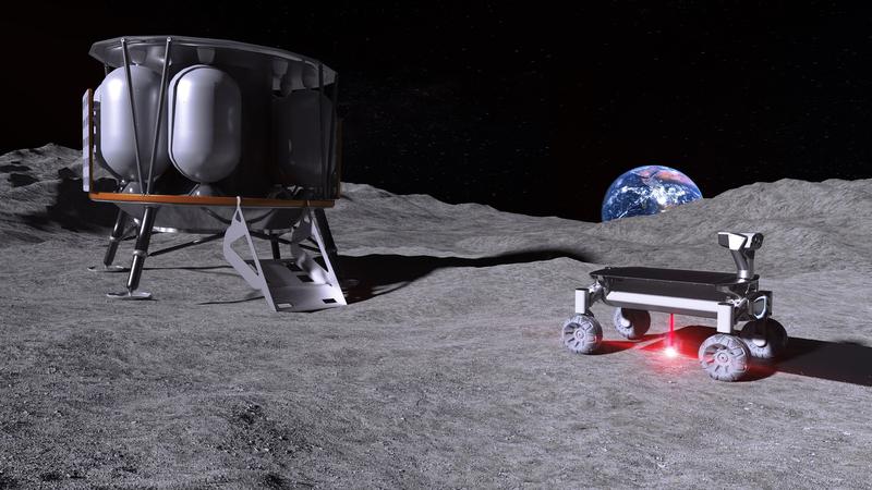Die MOONRISE-Technologie im Einsatz auf dem Mond. Links die Mondlandefähre ALINA, rechts der Rover mit der MOONRISE-Technologie – mit angeschaltetem Laser beim Aufschmelzen von Mondstaub.