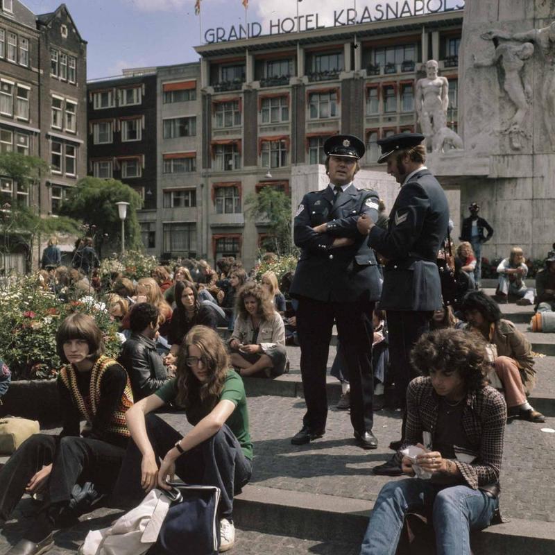 Youth in Amsterdam at Monument on Dam Square in Amsterdam, 1973.