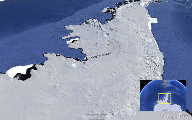 Google Earth-Sicht auf den neu benannten “GRACE Ice Stream” in der Westantarktis.