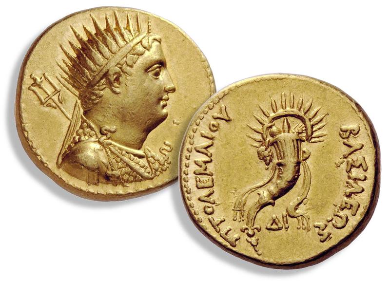 Goldmünze mit dem Porträt Ptomemaios' III. und einem Füllhorn aus der 2. Hälfte des 3. Jahrhunderts v. Chr.