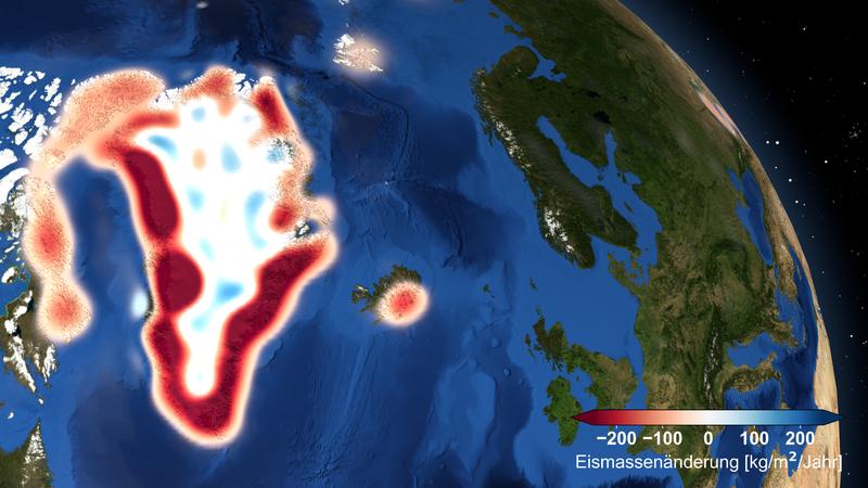 Die Grafik zeigt – basierend auf GOCO06S – den Eismassenverlust in Grönland