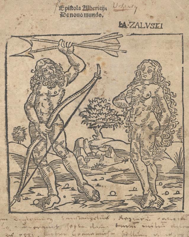 Der Titelholzschnitt zeigt Bewohner der Neuen Welt, einen Mann mit Pfeilen und Bogen in der Hand und eine Frau. (Signatur UB Rostock: SON B 2)