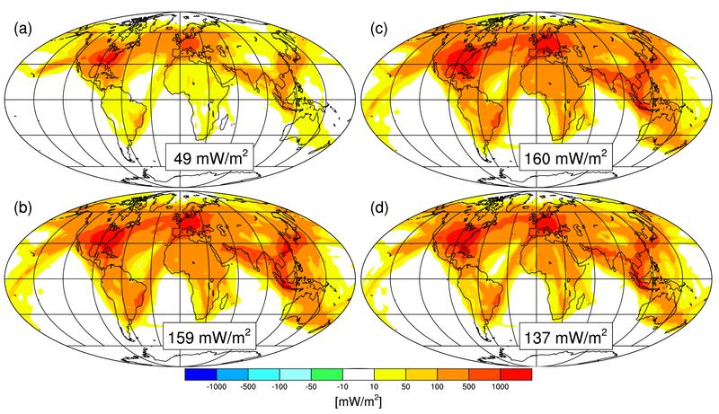 Simulation results: radiative forcing due to the formation of contrails (caption: https://www.egu.eu/medialibrary/image/4055/simulation-results-radiative-forcing-due-to-the-formation-of-contrails/)