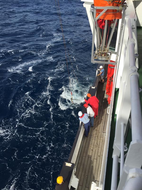 Scientists and shipboard crew await the arrival of a new sediment core onboard research vessel RV Sonne in 2016.