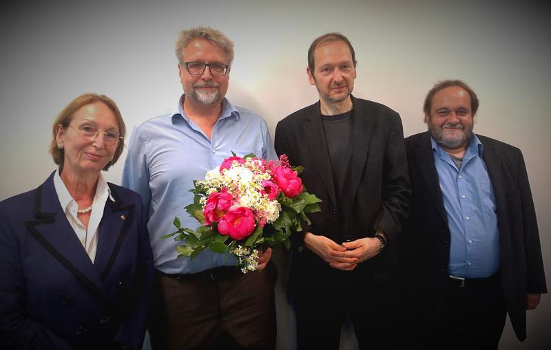 Prof. Dr. Eva-Maria Neher, Vorsitzende des Hochschulrats der EUF, Frank Kupfer, Kanzler, Prof. Dr. Volkmar Herkner, Vorsitzender des Senats der EUF, Prof. Dr. Werner Reinhart, Präsident der EUF. 