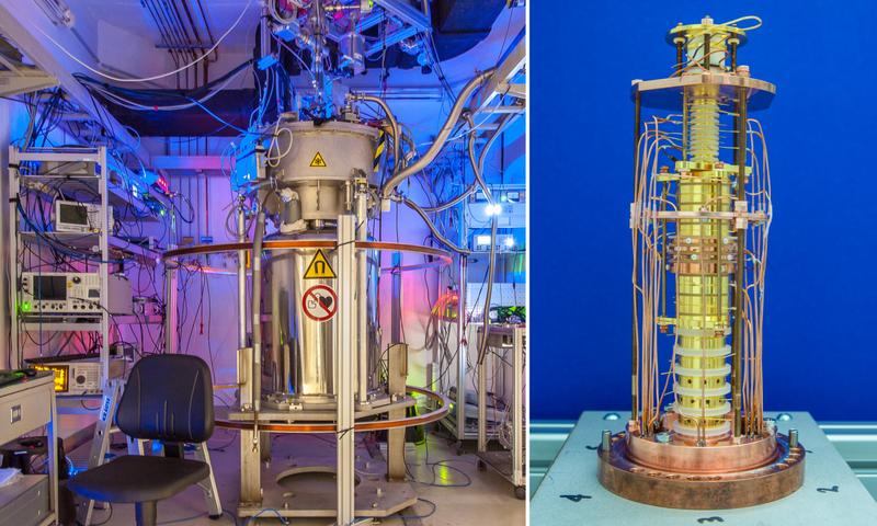 Fig. 1: Alphatrap: on the left the superconducting magnet, on the right the ion trap built into it.