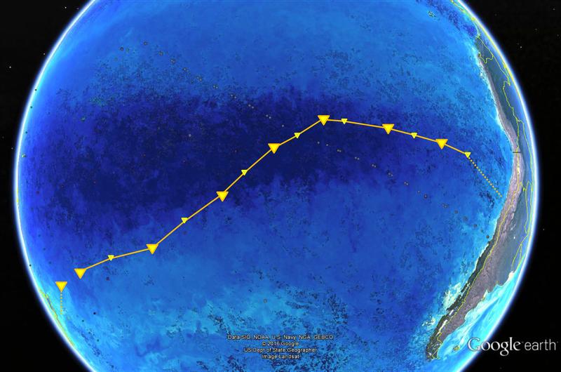 Die FS Sonne überquerte den SPG von Chile nach Neuseeland. Das Bild zeigt auch Chlorophyllkonzentrationen, abgeleitet aus NASA-Bildern. Dunkle Bereiche zeigen die „Ozeanwüste“.