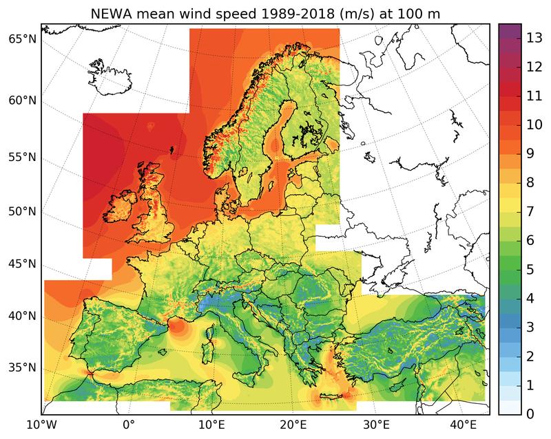 Langjähriges Mittel der Windgeschwindigkeit (1989-2018) in 100 m Höhe für Europa. 