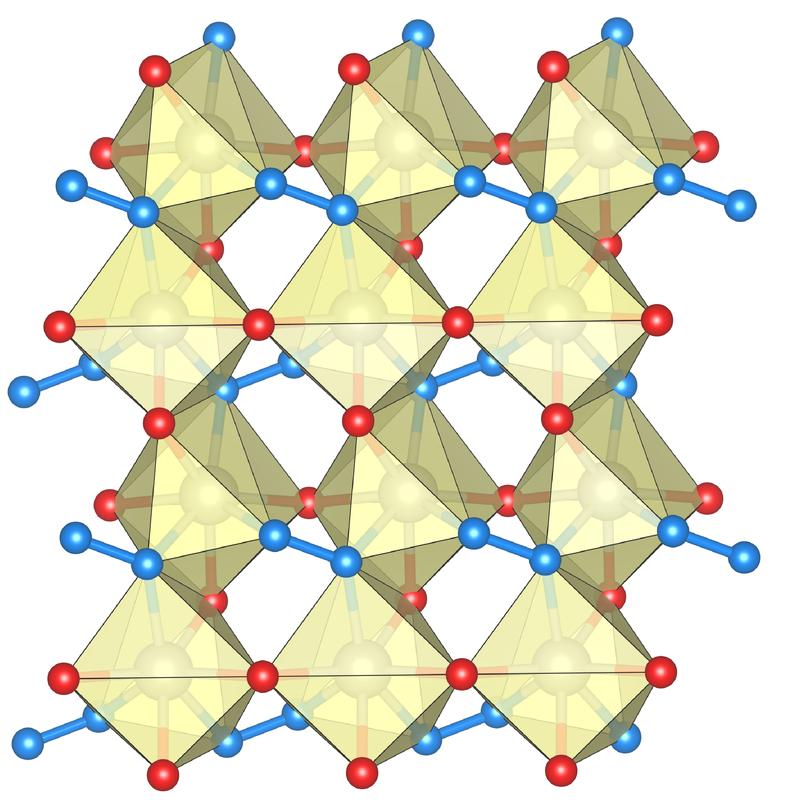 Die Struktur des Rhenium-Nitrid-Pernitrids, die einzelne Stickstoffatome (rot) und die Stickstoffhanteln N-N (blau) enthält. Größere Kugeln zeigen Rhenium Atome.