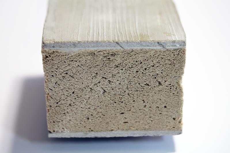 Sandwich element made from wood foam with textile-reinforced concrete as cover layer.