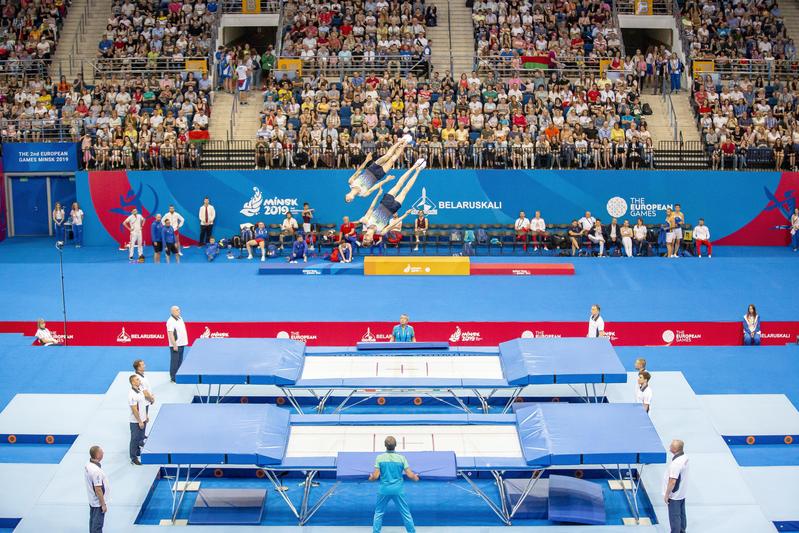 Das Projekt „INNOTRAMP“ dient dazu, das Techniktraining der Trampolinturnerinnen und -turner zu verbessern. (Das Foto ist während der European Games im Juni 2019 in Minsk entstanden.)  