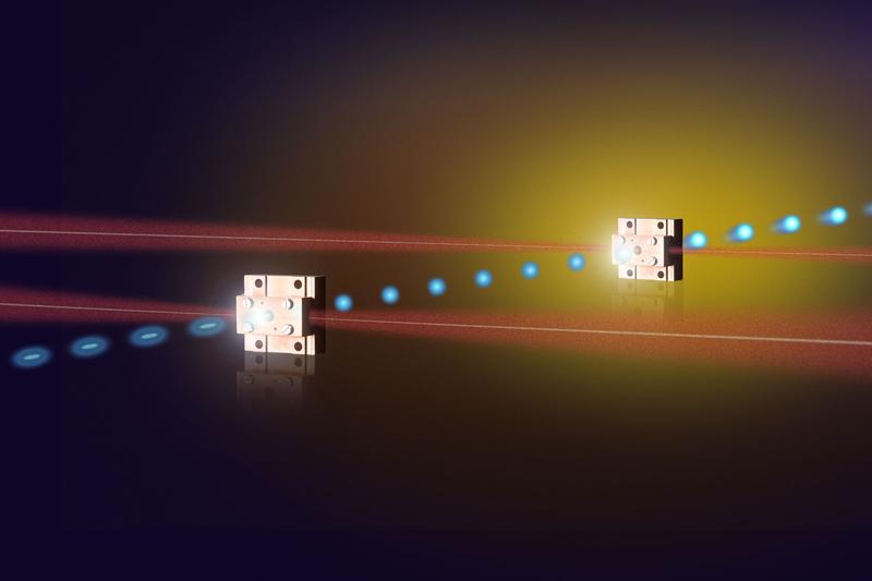Der zweistufige Minibeschleuniger komprimiert Elektronenpakete (blau) im ersten Schritt, bevor er sie beschleunigt. Die Module sind rund 2cm breit und werden mit Terahertz-Strahlung (rot) betrieben. 