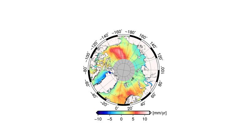 Die Karte zeigt, dass sich der durchschnittliche Anstieg des Meeresspiegels in der Arktis regional unterschiedlich auswirkt.