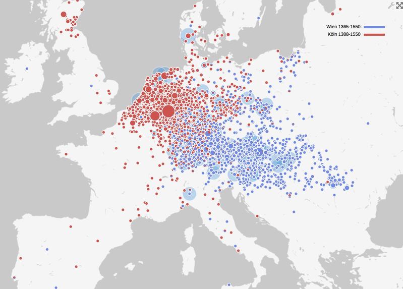 Herkunfts- und Kommunikationsräume von Gelehrten der Universitäten Köln (rot) und Wien (blau) um ca. 1550 im Vergleich.