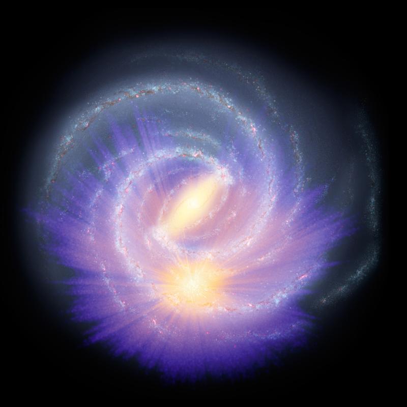 Darstellung der Gaia-Daten kombiniert mit anderen Durchmusterungen und StarHorse-Code über einer Illustration der Milchstraße. Mittig ist deutlich eine Balkenstruktur sichtbar.