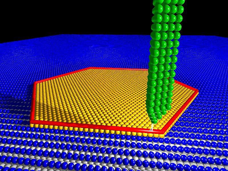 Illustration of an atomically high iron island (yellow) on a superconducting rhenium crystal and with the Majorana edge state (red) at the periphery. 