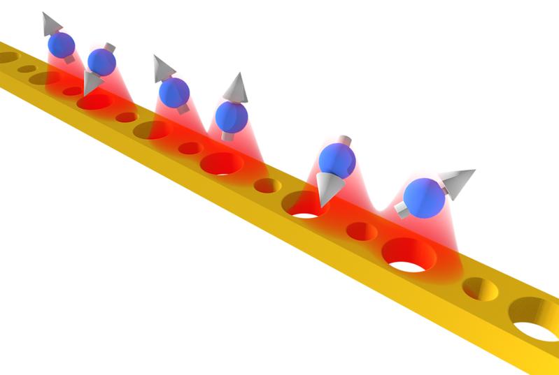  Künstlerische Darstellung von Atomen, die als Qubits fungieren, nahe an einem „topologischen Wellenleiter“. 