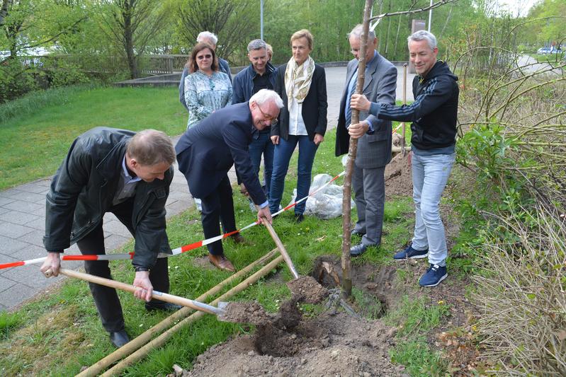 Gelebte Nachhaltigkeit an der Uni Bremen: Universitätsangehörige pflanzen alte Obstbaumsorten vor dem Verwaltungsgebäude. 