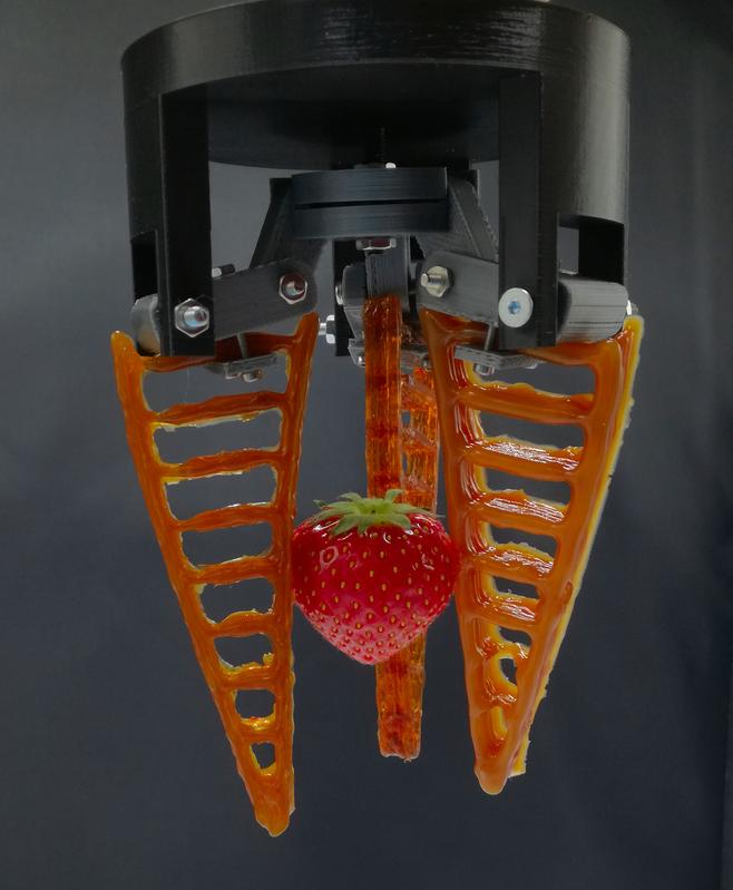 Ein 3D-gedruckter Greifer aus selbst heilendem Material hält eine Erdbeere.