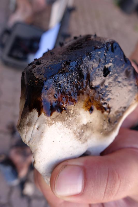 After the burning of birch bark the stone is covered with tar.