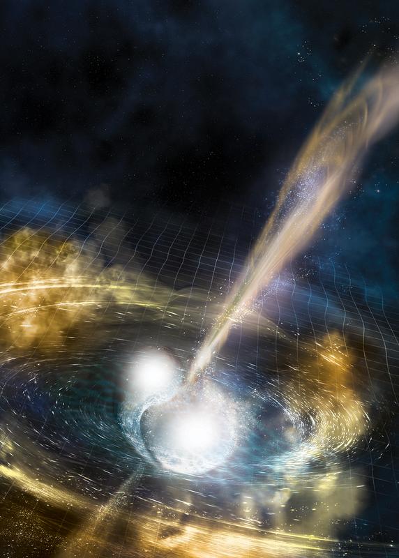 Illustration of two merging neutron stars. Gravitational waves travel out from the collision, seconds later a burst of gamma rays is shot out. The merging stars eject swirling clouds of material. 