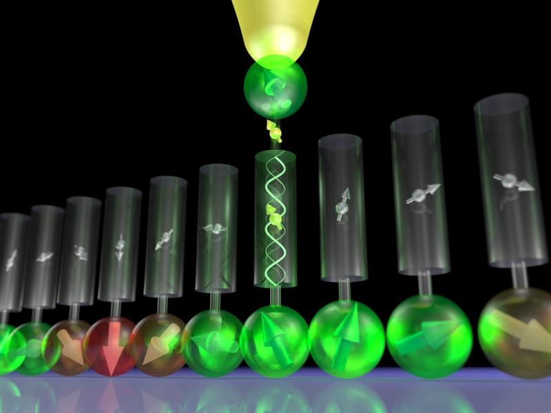 Künstlerische Darstellung der Injektion von spinpolarisierten Elektronen in eine Vakuum-Falle zwischen einer atomar scharfen Spitze und magnetischen Atomen auf einer Oberfläche. 