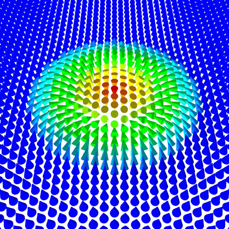 Fig. 1: Illustration of a magnetic skyrmion with a diameter of only a few nanometres in an atomically thin cobalt film. The small colored cones represent the "atomic magnets" of each cobalt atom.