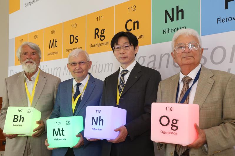 The four element discoverers — from left: Professor Peter Armbruster and Professor Gottfried Münzenberg, GSI; Dr. Kouji Morimoto, RIKEN Nishina Center; Professor Yuri Oganessian, Flerov Laboratory