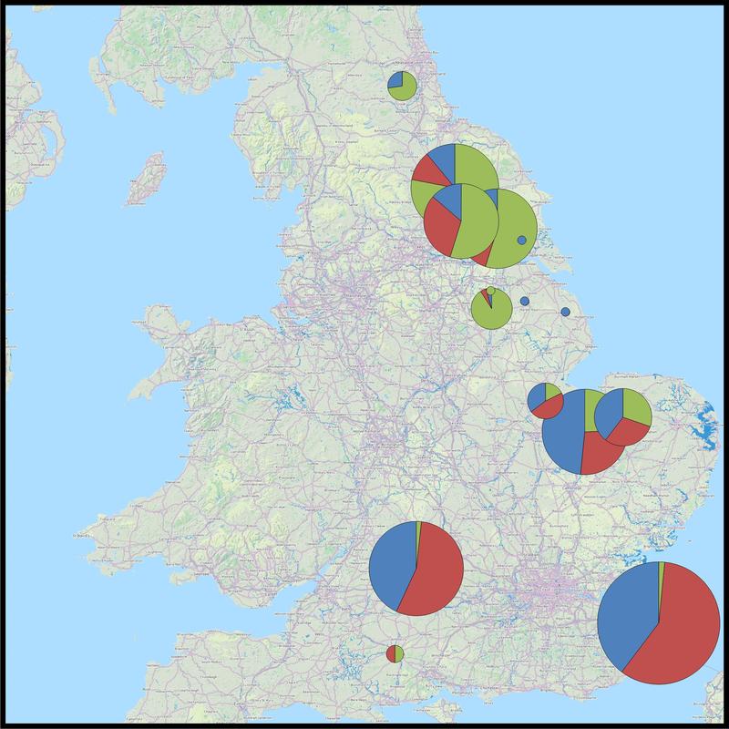 Map showing different ways to say “not” in medieval English, suggesting that Norse influence was involved.