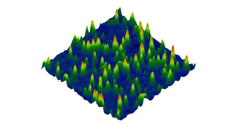 In ihrem Projekt beobachtet Dr. Barbara Lechner an der TUM Katalysevorgänge atomgenau: Die grün-orangen Spitzen stehen für Platin-Cluster mit jeweils 20 Atomen auf einer flachen Eisenoxidoberfläche. 