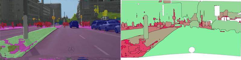 Wahrnehmungsfunktionen basierend auf künstlicher Intelligenz: Tritt zu viel Rot vor dem Fahrzeug auf (Bild re.), sollte z.B. die Fahrstrategie eines automatisierten Fahrzeugs angepasst werden.