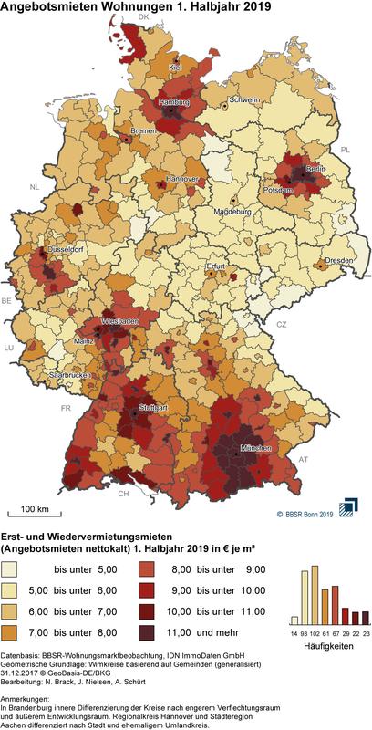 Durchschnittliche Angebotsmieten in den Stadt- und Landkreisen im ersten Halbjahr 2019