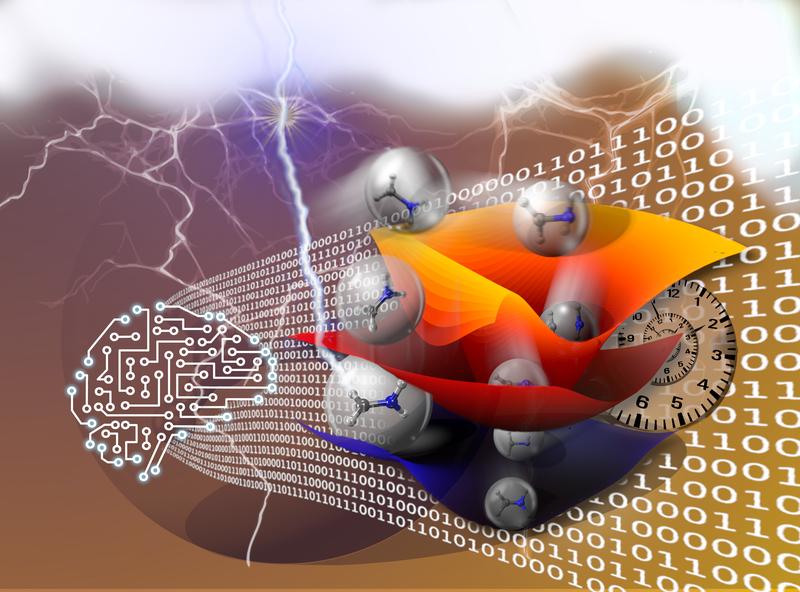 Illustration zur Studie, die auf einem der Cover von "Chemical Science" erschien: Künstliche neuronale Netze helfen, Simulationen von photoinduzierten Prozessen drastisch zu beschleunigen.