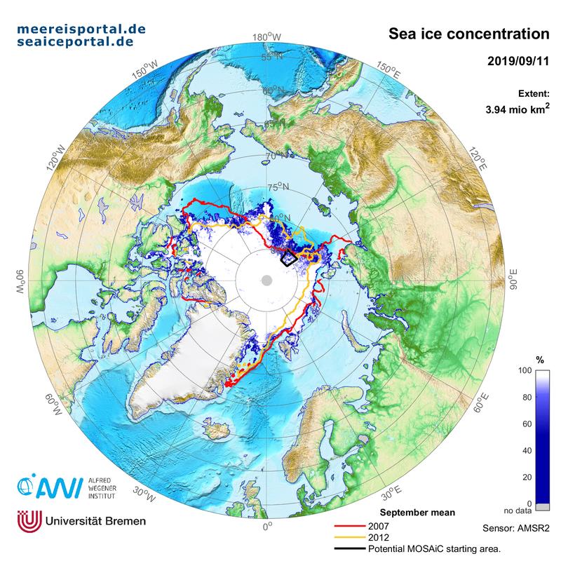 Map of the Arctic sea ice extent on 11 September 2019. 