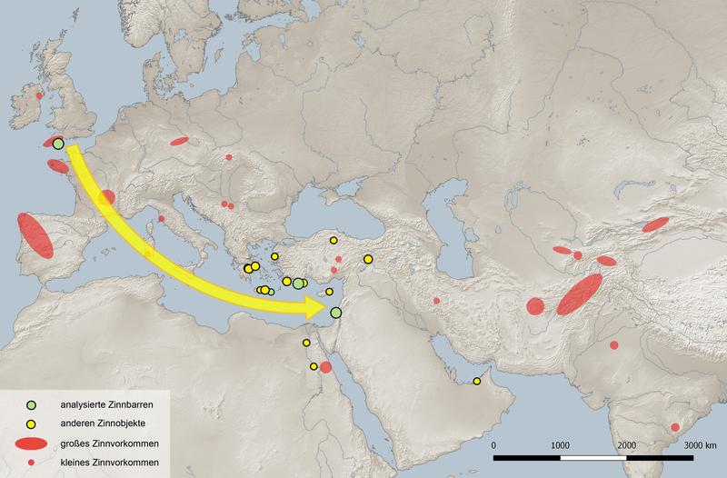 Zinnvorkommen auf dem eurasischen Kontinent und Verbreitung von Zinnfunden im Untersuchungsgebiet aus der Zeit von 2500 bis 1000 vor Christus