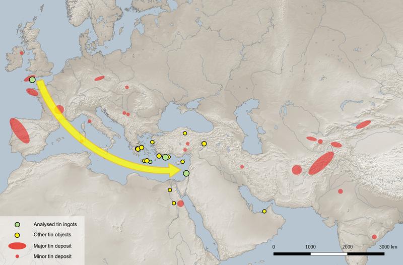 Tin deposits on the Eurasian continent and distribution of tin finds in the area studied dating from 2500–1000 BCE