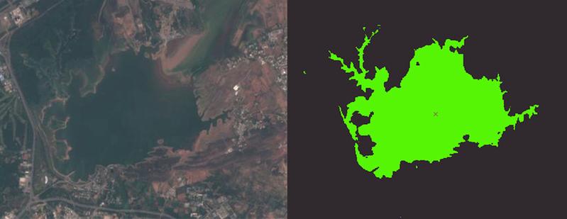 Satellitenaufnahme des Rawal-Sees in Islamabad/Pakistan und händisch annotierte Darstellung des Wassers, auf die künstliche neuronale Netze trainiert werden