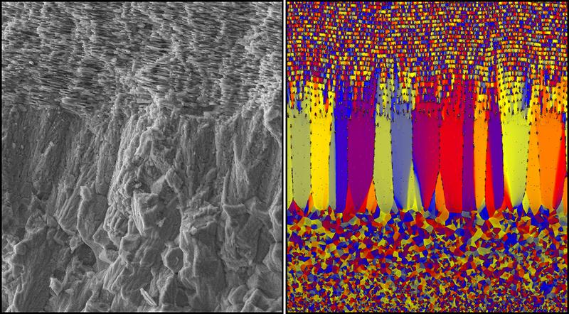 Left - The ultrastructure of the shell Nautilus pompilius, Right – Simulated ultrastructure of the shell on the left.